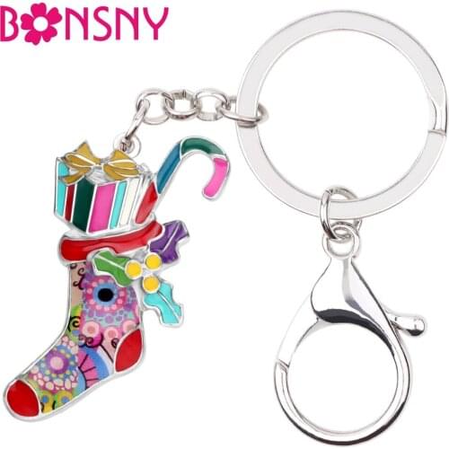Bonsny Enamel Alloy Christmas Gift Box Cane Socks Key Chains Bag Car Wallet Key Rings Girl Lady Sweet Decoration Jewelry 2019New