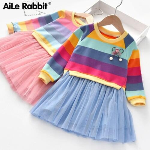2020 New Arrival Girls Dresses Spring Long Sleeve Striped Colorful Color Rainbow Childrens Clothing Princess Fluffy Party Dress