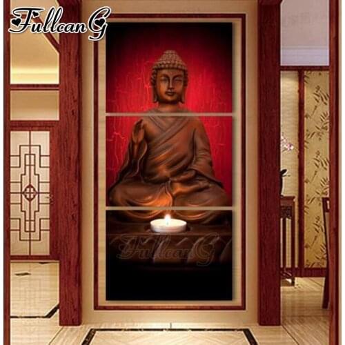 FULLCANG 5d diy diamond embroidery candlelight Buddha Religious belief diamond painting triptych full square round drill FC2542
