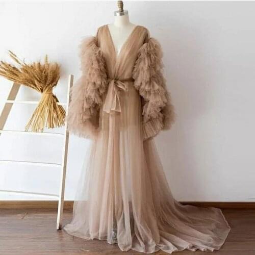 Champagne Robe Sheer Dress Long Sleeve See Through Ruffled Tulle Women Dress for Photoshoot Baby Shower Pregnant Women Gowns