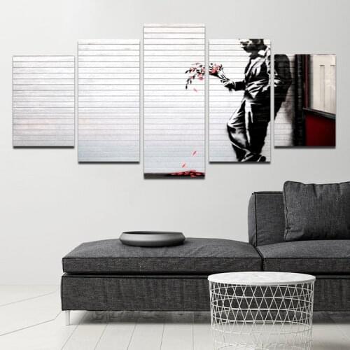 Hd Mural Art Canvas Painting Man Waiting and Withered Roses Painting Black and White Picture Wall Five-Piece Poster Frameless