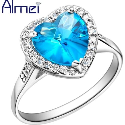 Almei Silver Color Rings for Women Ring Blue Stones Bague Femme Heart Crystal Anel Feminino Jewelry Chinese Market Online J074