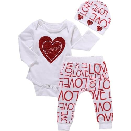 Newborn Toddler Infant Baby Girl Love Heart Romper Pants Hat 3pcs Outfits Set Casual Clothes Set