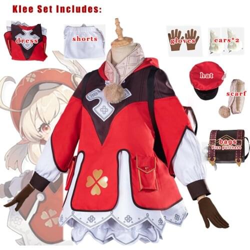 Genshin Klee Cosplay Одежда One Piece Bag Шапка Glasses Gloves Шарф Shorts Costumes Girls Game Sets Impact Project