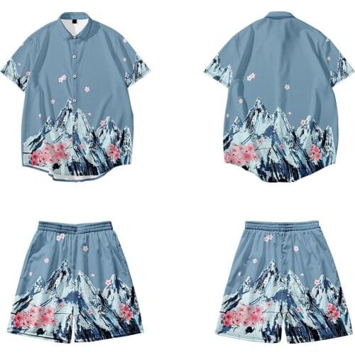 3D digital printing crane creative casual loose short-sleeved small floral snow mountain print casual beach pants summer suit