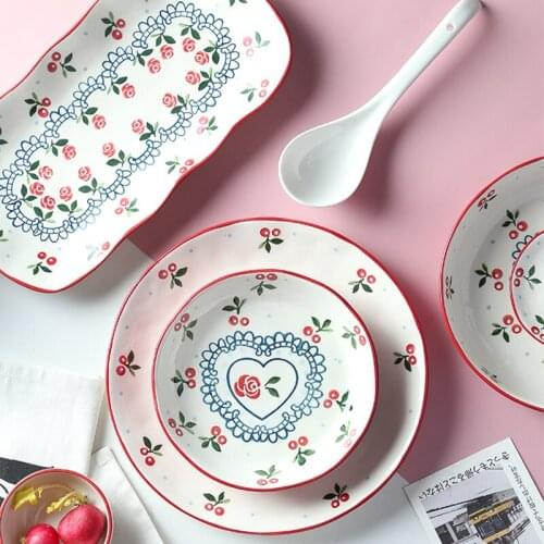Creative Japanese Hand-painted Cutlery Flower Plate Set Family Dishes Western Dishes Flat Steak Plate