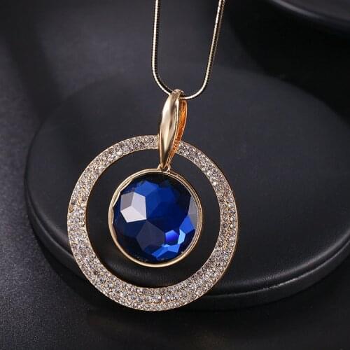 Round Circle Pendant Necklace Gold Color Chain Blue Crystal Necklaces Women Boho Pendants Necklace Jewelry