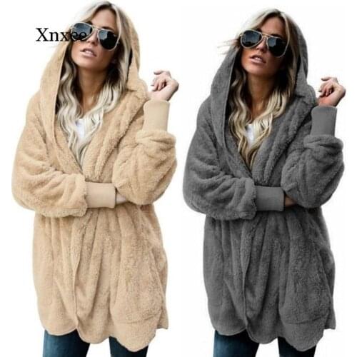 Autumn Winter Jacket Female Coat Causal Soft Hooded Pocket Zipper Fleece Plush Warm Plus Size Faux Fur Fluffy Women Jacket