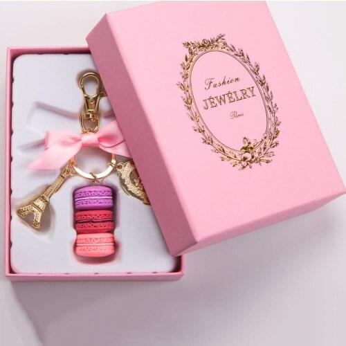 Fashion alloy Eiffel Tower macaron cake keychain temperament ladies bag keychain decoration charm car keychain with gift box