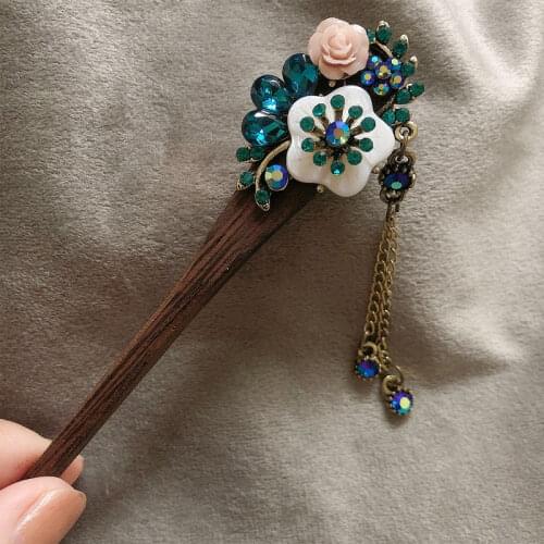 Muylinda Shell Flower Wooden Hairpin Sticks Crystal Rhinestone Hair Jewelry Chinese Bridal Wedding Hair Accessories