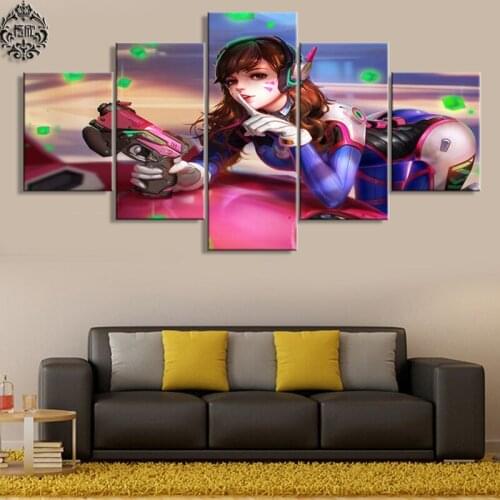 Wall Art Painting Modern 5 Panel Game Poster Overwatch D.VA Canvas Printed Pictures Home Decor For Living Room Artwork Cuadros