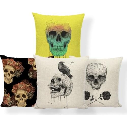 Horror Custom Pillowcase Skull Hat Crow Cartoon Cushion Cover Home Decoration Living Room 45*45Cm Polyester Linen Throw Pillow