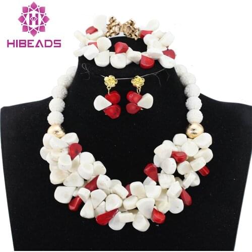 2017 New Trendy White And Red African Coral Beads Pendant Necklace Set Mix Crystal Coral Bib Jewelry Set Free Shipping ABH343