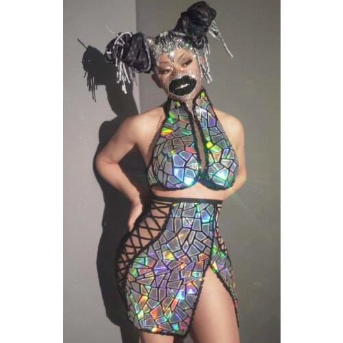 2020 New Fashion Ladies Shining Sexy Halter Backless Bodycon Mini Dress 2 Pieces Bar Dancer Stage Wear Performance Custome