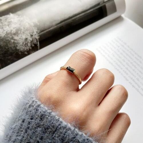 Authentic S925 Sterling Silver Fine Jewelry Gold Black Zirconia Rectangle Open Thin rings adjust J410