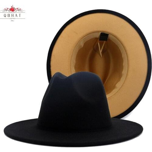 QBHAT Black Tan Patchwork Faux Wool Felt Panama Fedora Hats Black Felt Band Decor Womens Men Jazz Party Trilby Cowboy Cap