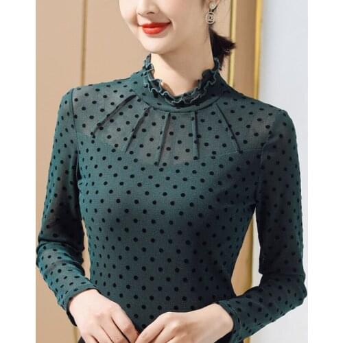 Turtleneck Black Flocking Bottoming Shirt New 2021 Spring Long-sleeve Womens T-Shirt Plus Size Polka Dot tops tees
