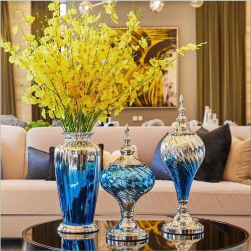 Modern Creative Blue Glass Vase Ornament Home Furnishing Decoration Crafts Livingroom Cafe Bar Desktop Fake FlowerPot Figurines