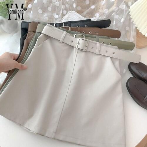 YornMona Black Pu Skirts Women High Waist Mini Skirt Faux Leather A-line Streetwear Ladies Skirts with Belt