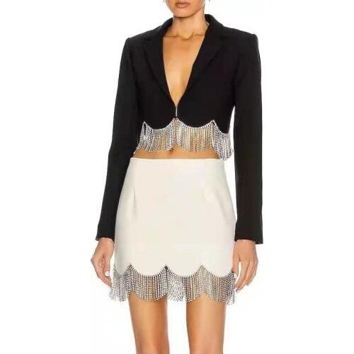 Rhinestone Tassel Skirt Suits Women Blazer White Black High Quality 2021 New Design Chain Tassel Short Jacket Two Pieces Sets