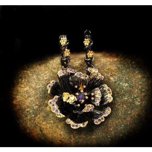 Punk Female Purple Crystal Drop Earrings Charm 14KT Black Gold Wedding Earrings For Women Vintage Flower Zircon Dangle Earring