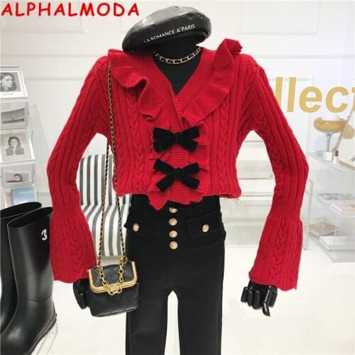 ALPHALMODA 2021 V-neck Ruffled Trim Sweet Bow Womens Long-sleeved Sweater Cardigan Flare Sleeve Slim Fit Ladies Fashion Outfit