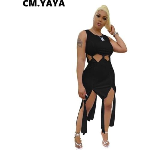 CM.YAYA Women Long Dress Solid Sleeveless O-neck Hollow Out Tassel Splited Maxi Dresses Sexy Fashion Club Vestidos Summer Outfit