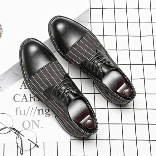 British Style Men Formal Leather Dress Shoes Striped Patch Work Pointed Toe Business Office Men Suit Shoes