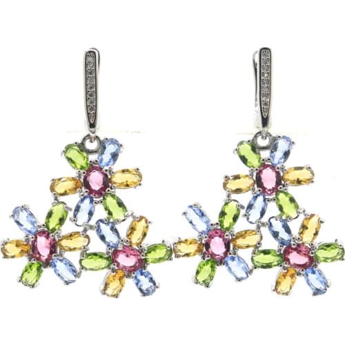 63x38mm Big European Design 20g Created Paris Blue Topaz White CZ Ladies Engagement Silver Stud Earrings