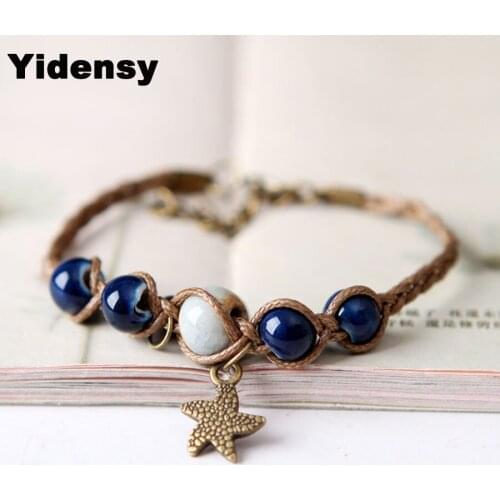 Yidensy Fashion Green Blue Ceramic Beads Starfish Charms Bracelets Braided Rope Bracelet for Women Female Bohemian Jewelry Gifts
