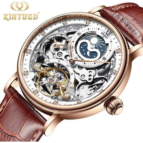 Watches Mens 2021 KINYUED Top Brand Luxury Tourbillon Automatic Mechanical Watch for Men Waterproof Rose Gold Skeleton Clock