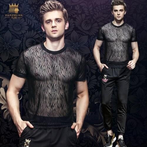 Fanzhuan Free Shipping 2018 Male Mens Perspective Hollow T-Shirt Summer Personality Thin black Lace Jacquard Night Club 815133