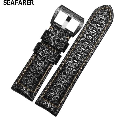 Zhuolei Quality Petal Pattern Genuine Leather Watch Band22 24mm 26mm Sterling Silver Retro Buckle For Mens Watch Accessories
