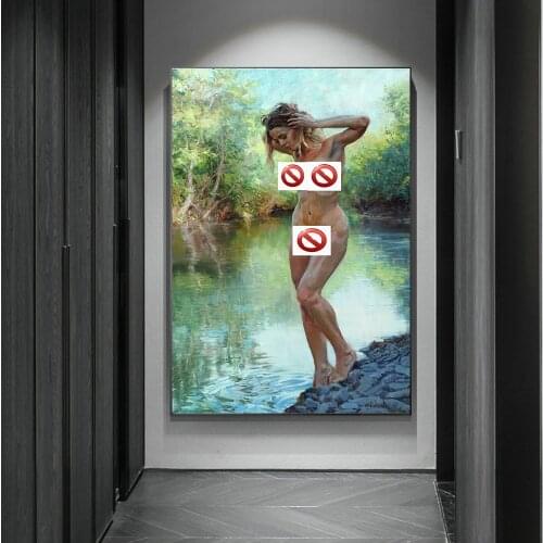 Women in River Bath Painting Wall Art Canvas Painting Tree Forest Poster Print Wall Picture For Living Room Decorative Picture