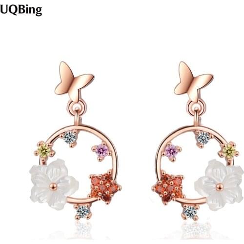 18K Rose Gold Color Shell CZ Zircon Butterfly Round Stud Earrings For Friends Gifts Jewelry