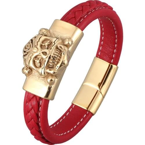 Stainless steel Cool Mens Gold Color Man Skull Charms Red Leather Bracelet Chain Bracelets & Bangles BB0897