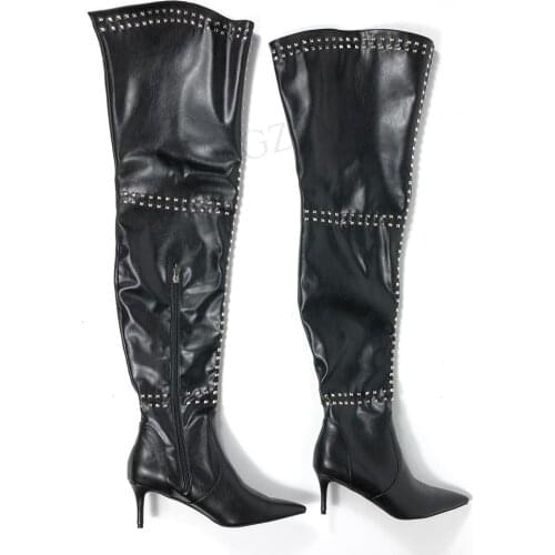 LAIGZEM Women Over Knee Boots Studded Side Zip 7.5CM Mid High Heels Party Cosplay Faux Leather Ladies Shoes Woman Size 39 44 47
