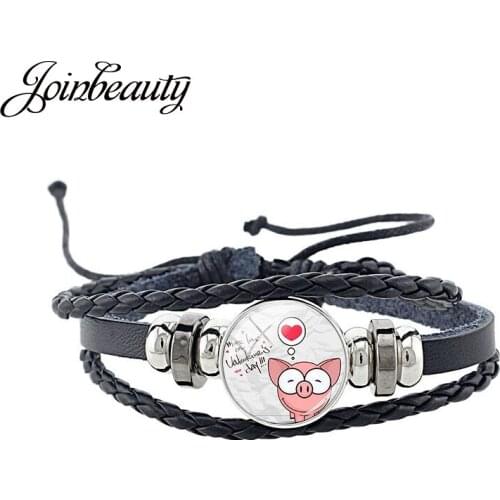 JOINBEAUTY Lovely Animal Pink Pig Art Picture Glass Cabochon Black Leather Bracelet Multi Layer Braided Men Women Bracelet QF710