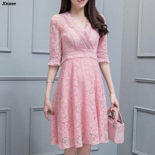 Fashion Womens Elegant Sexy Lace Dress Summer Casual Slim Club Dresses Female V-neck A-Line Wedding Party Dress Vestidos Xnxee