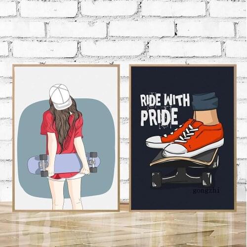 Ride with Pride Fashion Posters Cool Girls with Skateboard Canvas Painting and Prints Wall Art Pictures Bedroom Room Home Decor