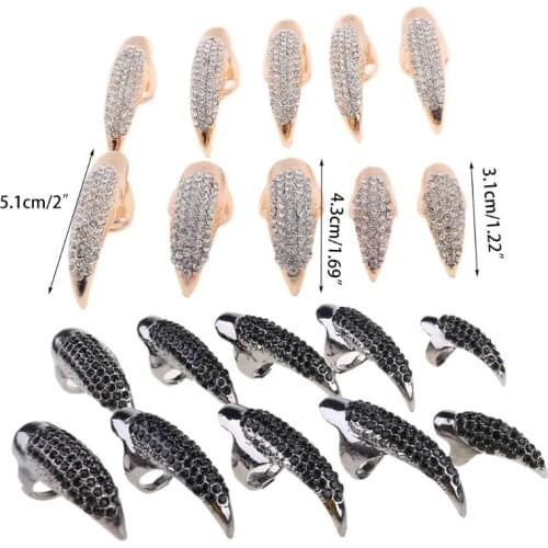 10 PCS Halloween Costume Claws Fake Nails Ring Set, Gothic Punk 3 Sizes Crystal Full Finger Rings Paved Paw Bend Fingertip Claw