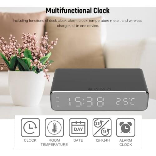 Table Clock Wireless Charger Alarm Clock LED Digital Clock Temperature Meter Switchable Alarm Clock with Calendar with battery