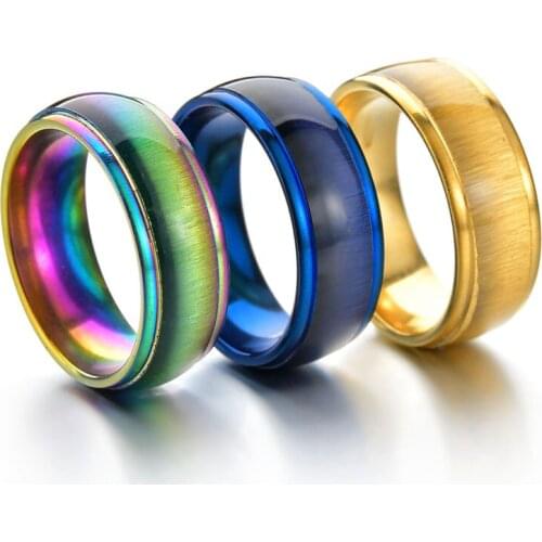 Stainless Steel Wedding Band Men Women Gold Blue Rainbow Colorful Ring Round Engagement Couple Rings Jewelry Alliance Bijoux