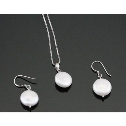 New Arriver Coin Pearl Pendant Necklace,12-13mm White Coin Genuine Freshwater Pearl Necklace Earrings Jewellery Set