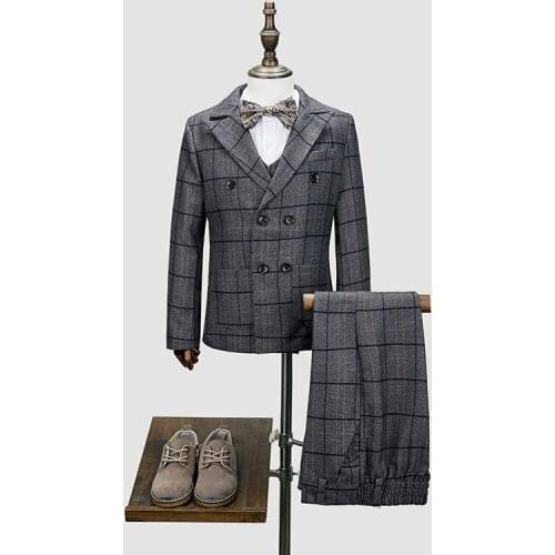 Formal Childrens Dress Suit Set Kids Double Breasted Blazer Vest Pant Clothing Set Boys Celebration Uniforms Show Costume