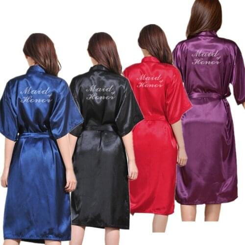 Wholesale Maid of Honor Letter Rhinestones Women Long Satin Silk Robes Kimono Nightgown Bride Wedding Party Bathrobe T39