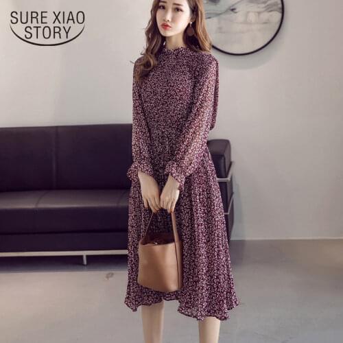 Red Women Dress 2021 Spring Autumn Floral Print Empire Midi Pleated Chiffon Dresses Flare Sleeve Stand Collar Vestidos 8634 50