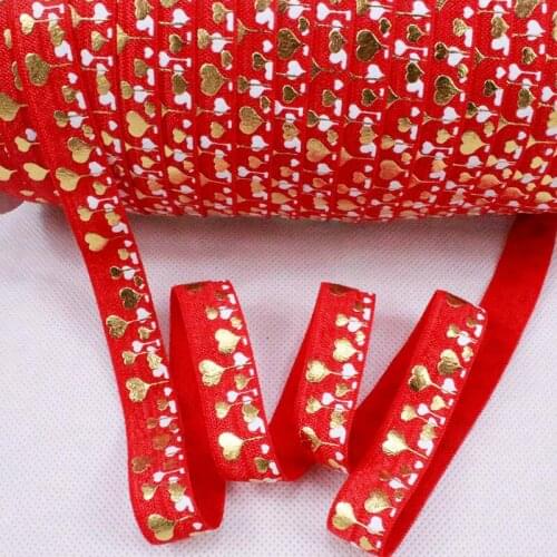 #250 red 5/8 Inch Fold Over Elastic Foe Valentine gold heart Printed Headband Baby & Kids,50yards per lot