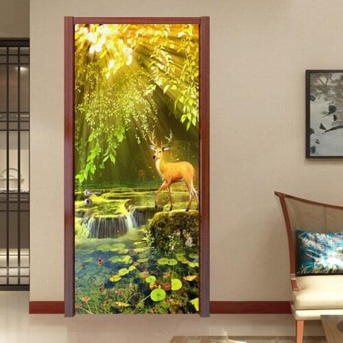 Self-Adhesive Door Sticker 3D Forest Waterfalls Deer Mural Wallpaper Living Room Bedroom Wall Sticker Home Decor 3D Door Posters