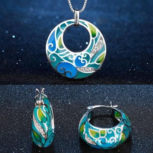 Hand painted enamel bright green Flower Earrings & Necklace Original Design 925 Sterling Silver AAA Shiny Zircon Jewelry Sets